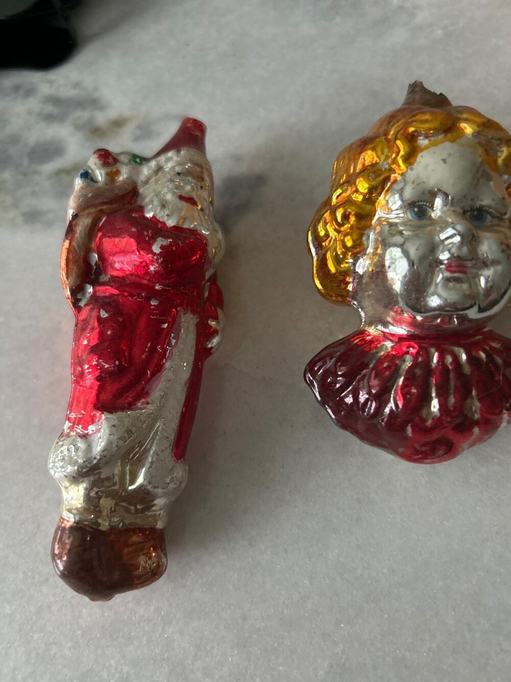 Vintage Glass Christmas Ornaments Santa & Clown Head Bust Pair DAMAGED AS-IS